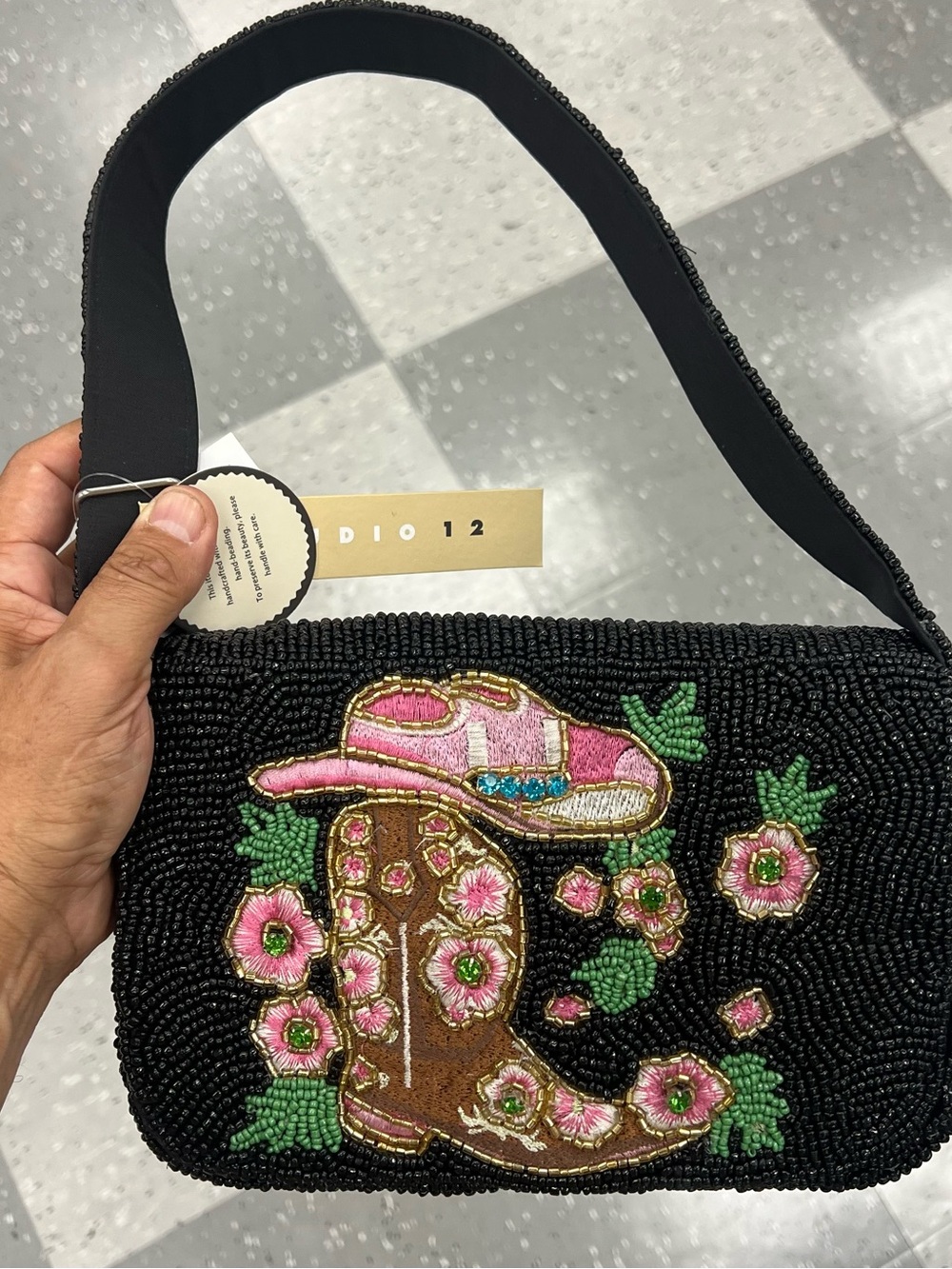 Studio 12 Black Beaded Shoulder Bag with Pink Floral Cowboy Boot & Hat Motif